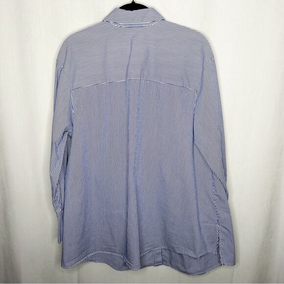 ELOQUII / blue white vertical stripe button down shirt / 14 - Picture 2 of 8
